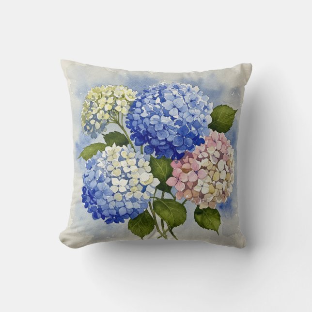 Almohada de flores azul rosa blanca hidrángea (Anverso)