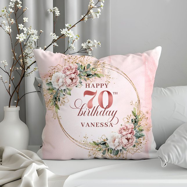 Almohada de flores bohemias en rosa oro para 70 cu (Rose Gold Bohemian Flowers Pillow 70th Birthday Pillow)