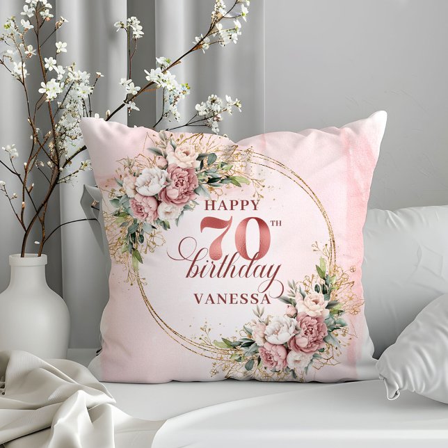 Almohada de flores de acuarela en rosa oro para 70 (Rose Gold Watercolor Flowers Pillow 70th Birthday Pillow)