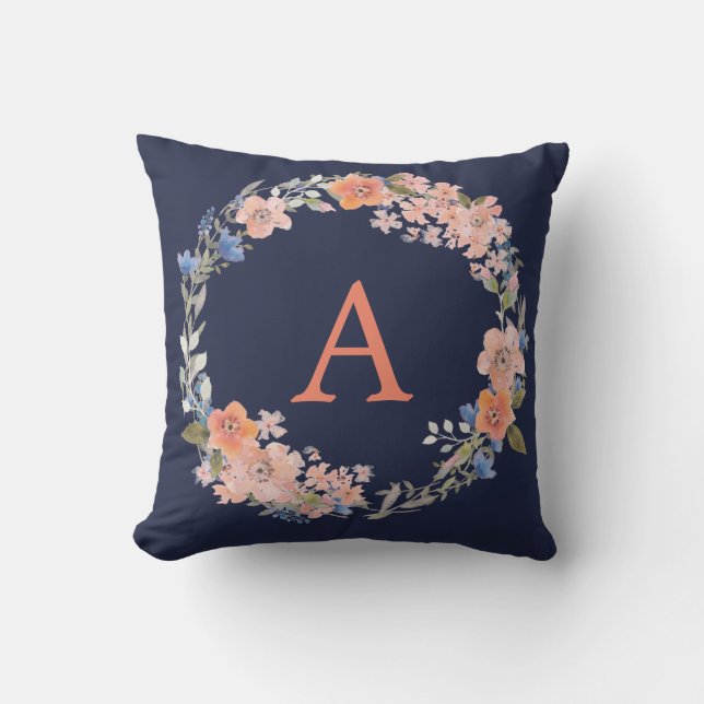 Almohada de flores de la marina Boho y el monogram (Anverso)