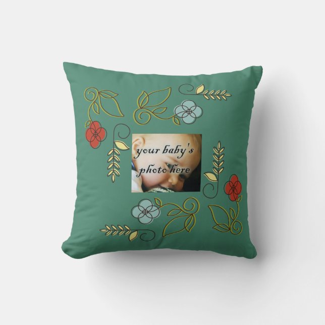 Almohada de flores rojas, azules y verdes con mono (Anverso)