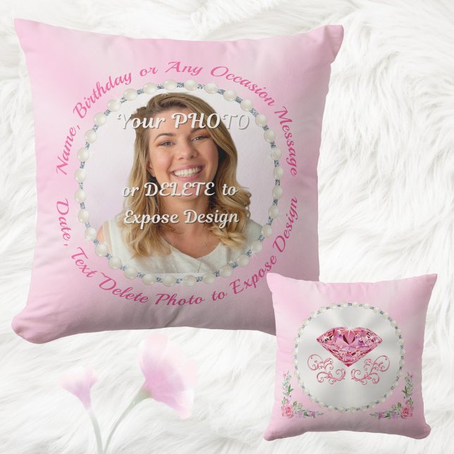 Almohada de Foto Personalizada, Regalos de Cumplea (Pink Throw Pillow. Photo birthday gifts. Pink birthday presents. Light Pink birthday gifts. Picture.)