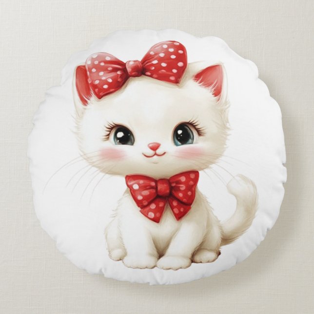 Almohada de gatito blanco lindo con lazos de lunar (Anverso)