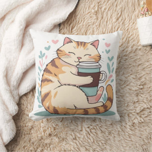 Almohada de Gato Adorable Abrazando Taza de Café  