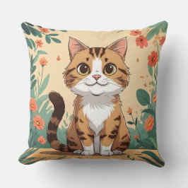 Almohada de gato atigrado adorable en jardín flori