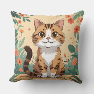 Almohada de gato atigrado adorable en jardín flori