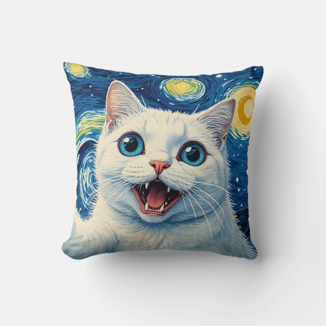 Almohada de Gato Blanco Nocturna y Soñadora (Anverso)