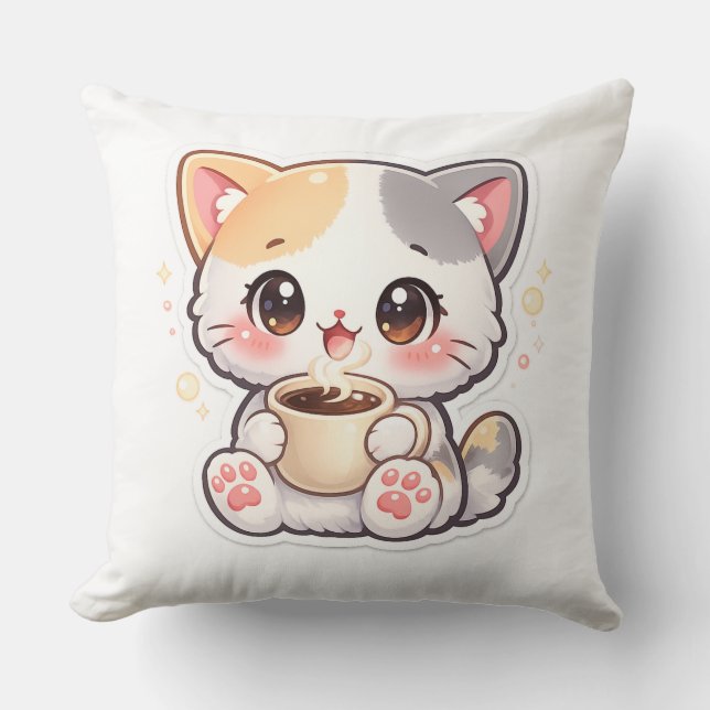 Almohada de gato de café Kawaii – Hogar acogedor y (Anverso)