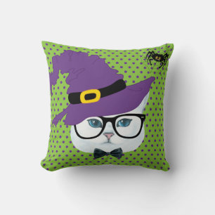 Almohada de gato de Halloween con lunares púrpura