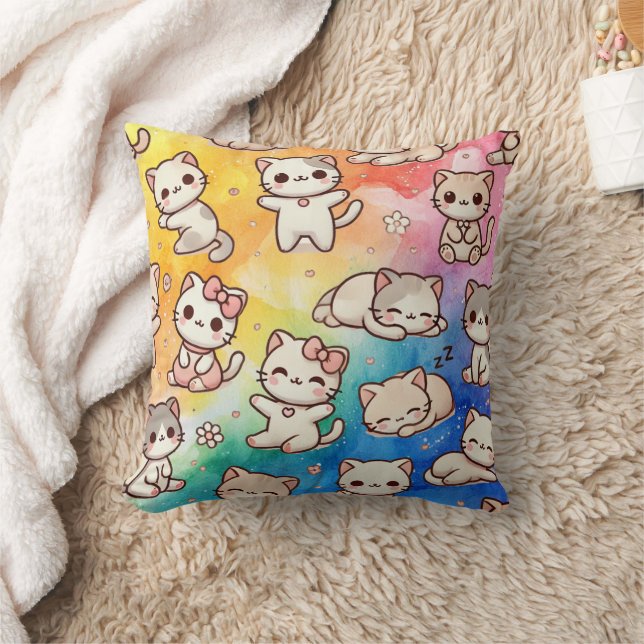 Almohada de gato Kawaii con arcoíris de acuarela (Manta)
