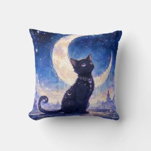 Almohada de gato negro iluminada por la luna