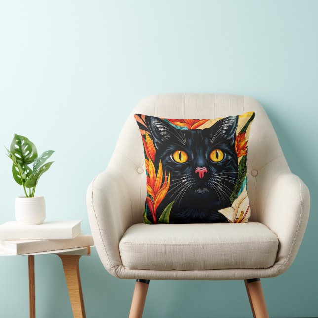 Almohada de gato negro rodeado de flores (Silla)