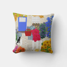 Almohada de Gato Negro y Jardín de Flores