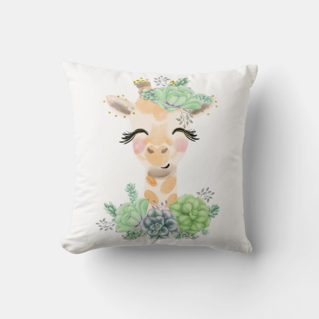 Almohada de Giraffe con Suculentas en Acuarela (Anverso)