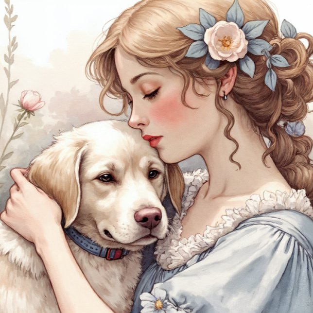Almohada de Golden Retriever (A gentle close-up of a young woman embracing a golden retriever.)