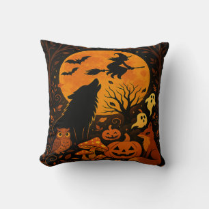 Almohada de Halloween Bruja volando en escoba y Lu