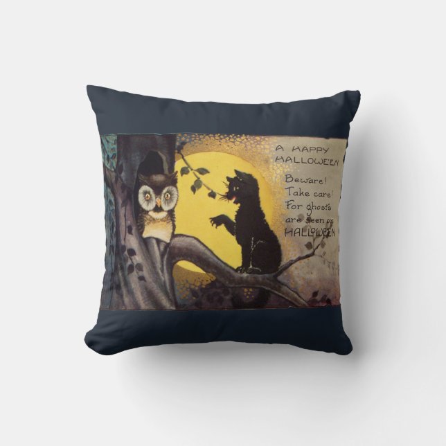 Almohada de Halloween con advertencia de gato (Anverso)