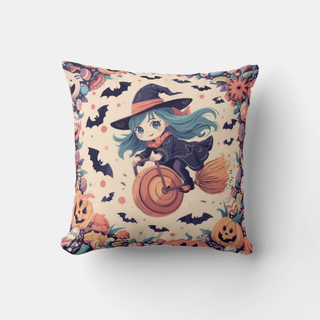 Almohada de Halloween de Bruja con Cabello Azul Ad (Anverso)