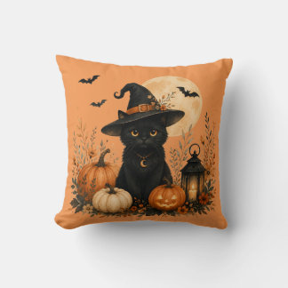 Almohada de Halloween de calabaza con gato negro l
