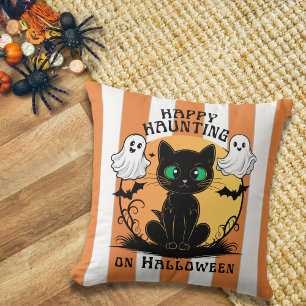 Almohada de Halloween de gato negro con feliz pers