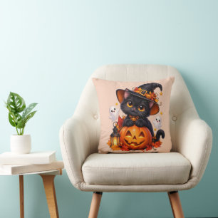 Almohada de Halloween de gato negro y calabaza