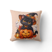 Almohada de Halloween de gato negro y calabaza
