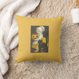 Almohada de Halloween Vintage de niña calabaza gat