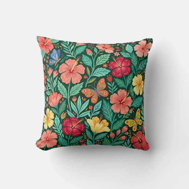 Almohada de Hibiscus Abstracto con Mariposas (Anverso)