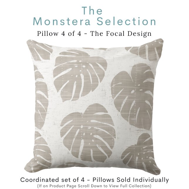 Almohada de hojas de Monstera (Supplies the recognizable coastal personality and becomes the hero of the arrangement.)