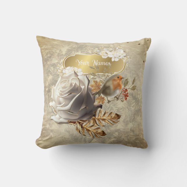 Almohada de hojas doradas, rosa y pájaros (Anverso)