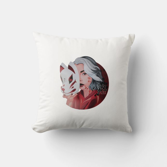 Almohada de ilustración de Mujina roja y negra (Anverso)
