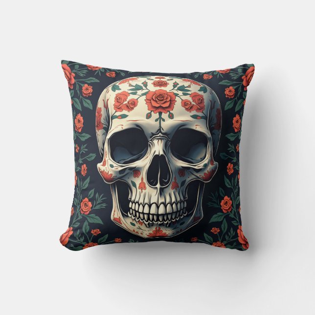 almohada de imagen de flor y cráneo (Anverso)