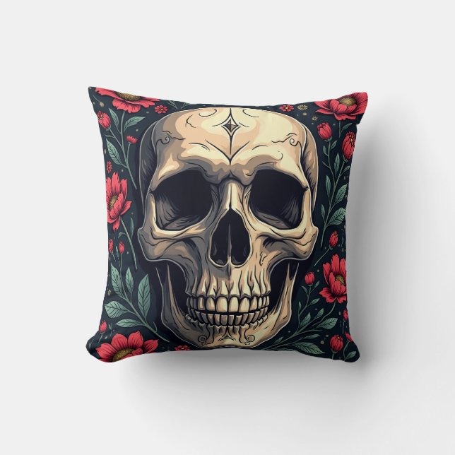 almohada de imagen de flor y cráneo (Anverso)