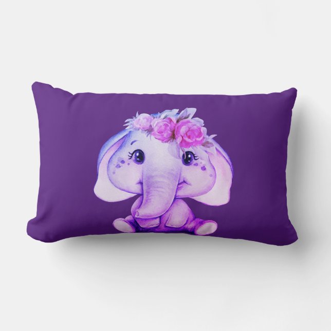 Almohada de impresión de elefante morado floral (Anverso)