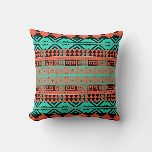 Almohada de inspiración turquesa y azteca coral (Anverso)