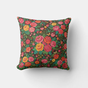 Almohada de jardín de rosas folk mexicanas abstrac