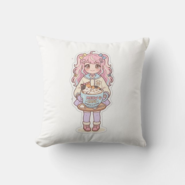 Almohada de Kawaii Neko Cafe Anime Girl Chibi (Anverso)