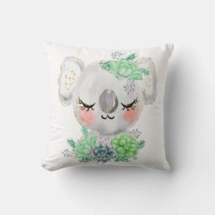 Almohada de koala con suculentas en acuarela