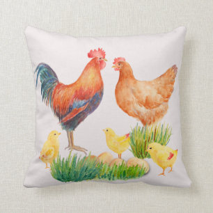 Almohada de la familia del pollo de la acuarela