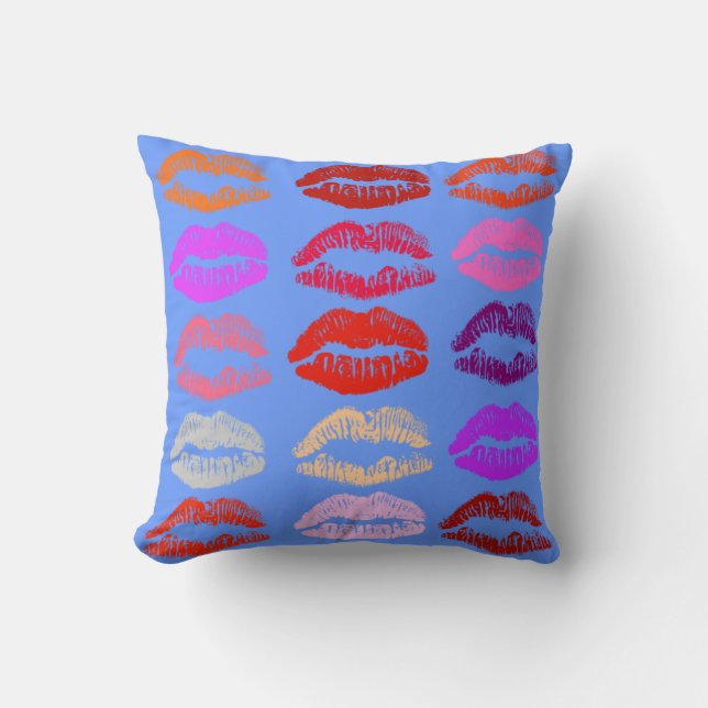 Almohada de Labios Pop Art (Besos) Fondo Azul (Anverso)