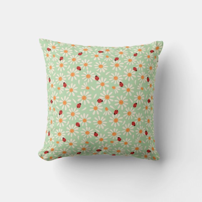 Almohada de Ladybugs y Daisies de Primavera (Anverso)