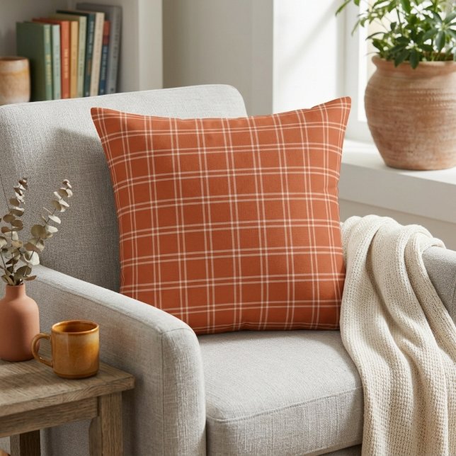 Almohada de lanzamiento acogedora de cuadros de ca (Autumn Pumpkin Plaid Cozy Rustic Throw Pillow)