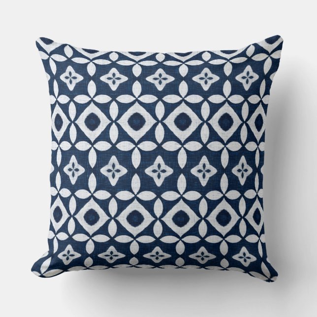 Almohada de lanzamiento Boho costero azul y blanco (Anverso)