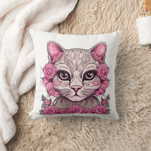 Almohada de lanzamiento con gato y rosas rosadas