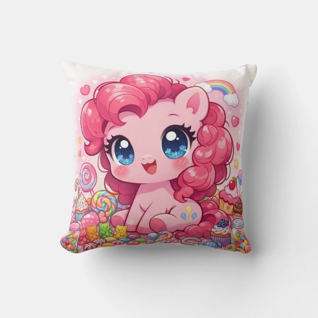 Almohada de lanzamiento de arte Chibi de pony rosa (Anverso)