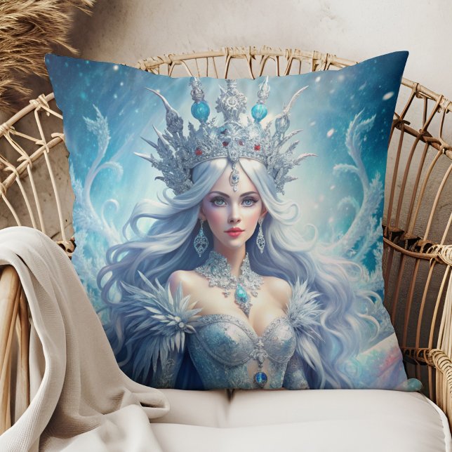Almohada de lanzamiento de arte de fantasía de la  (Winter Ice Queen Fantasy Art Throw Pillow in a boho rattan armchair.)