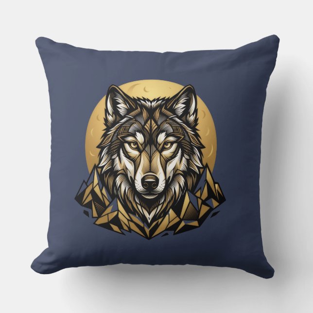 Almohada de lanzamiento de cabeza de lobo geométri (Anverso)
