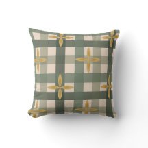 Almohada de lanzamiento de gingham y hojas verdes