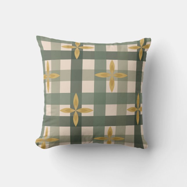 Almohada de lanzamiento de gingham y hojas verdes (Anverso)