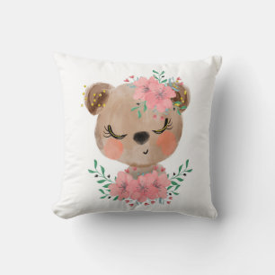 Almohada de lanzamiento de oso de acuarela con flo